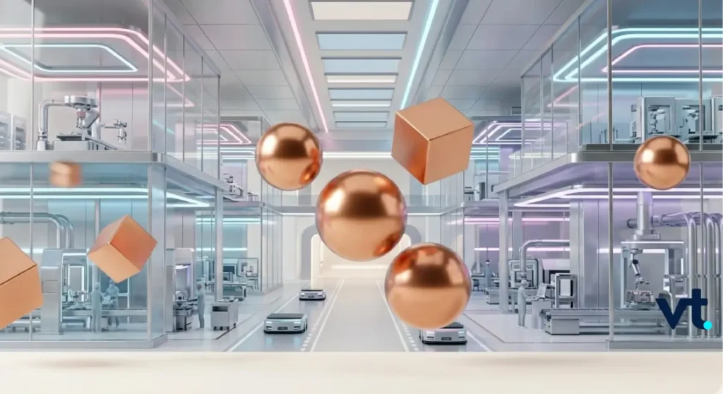 VT Markets Futuristic cleantech factory with glass walled labs autonomous vehicles and floating copper spheres and orange cubes in the air