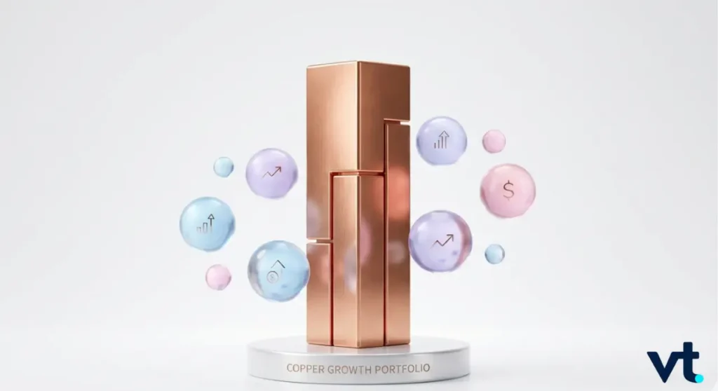 VT Markets 3D copper growth portfolio sculpture on a white pedestal surrounded by pastel bubbles and the label Copper Growth Portfolio on the base