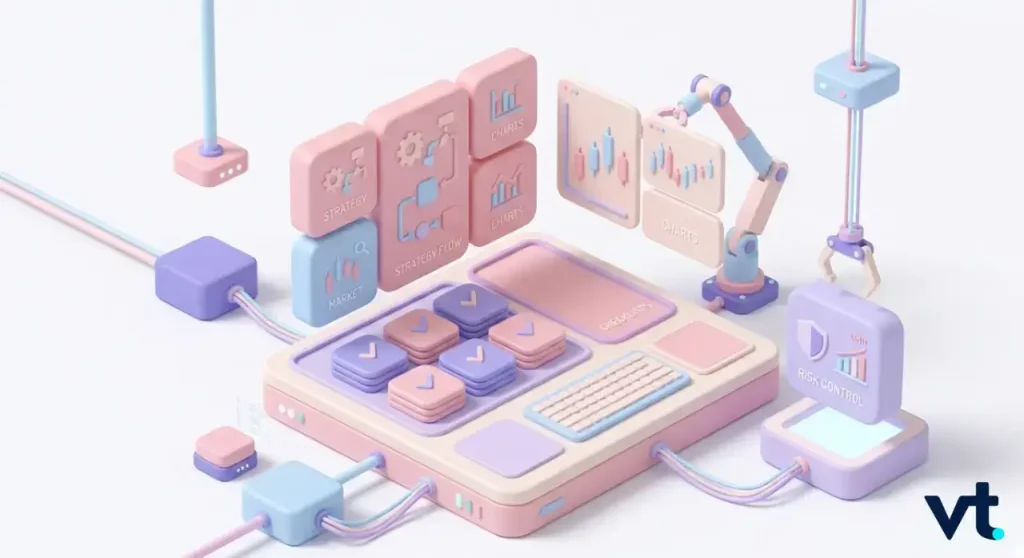 VT Markets Isometric pastel data dashboard with tiles labeled Strategy Market Charts a robotic arm assembles modules VT logo