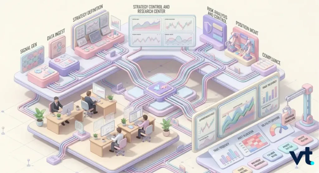 VT Markets Isometric illustration of a financial data control center with stations for data ingest strategy definition risk analysis and compliance plus analysts at desks