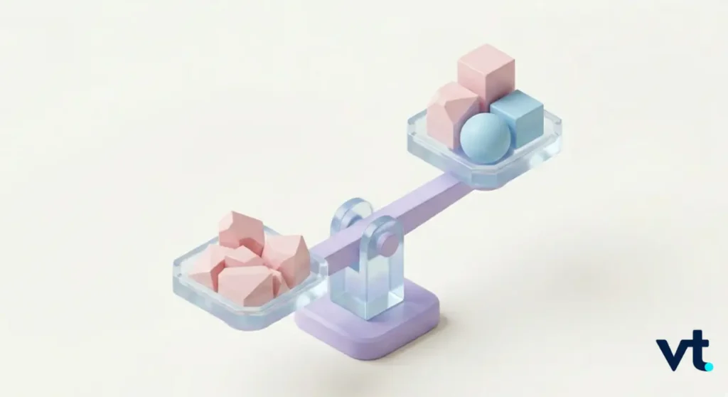 Illustration of a pastel balance scale comparing two sets of geometric blocks pink chunks on the left tray pink and blue shapes plus a ball on the right tray VT logo in the corner