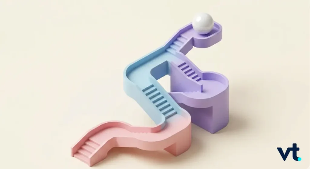 Abstract 3D sculpture of three pastel colored staircases pink blue purple looping into a connected path with a white ball on the topmost turn