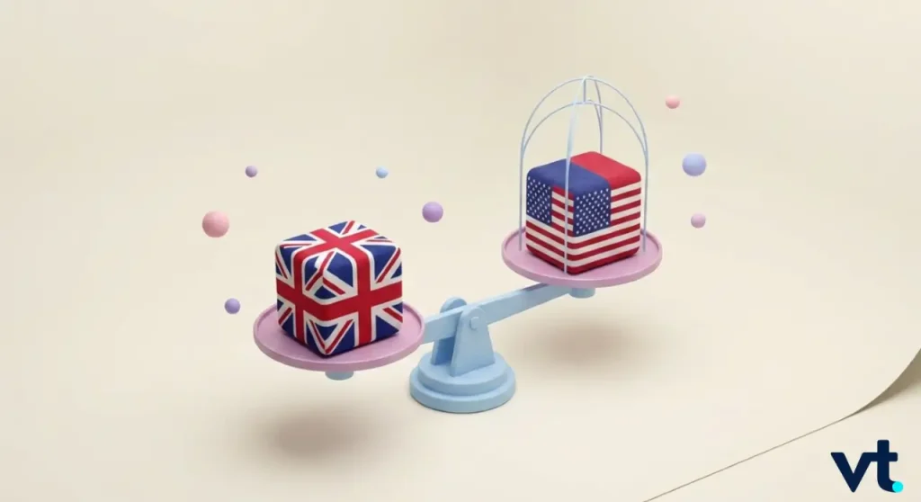 Pastel balance scale weighing a UK flag cube on the left against a US flag cube under a glass dome on the right against a light background symbolic comparison