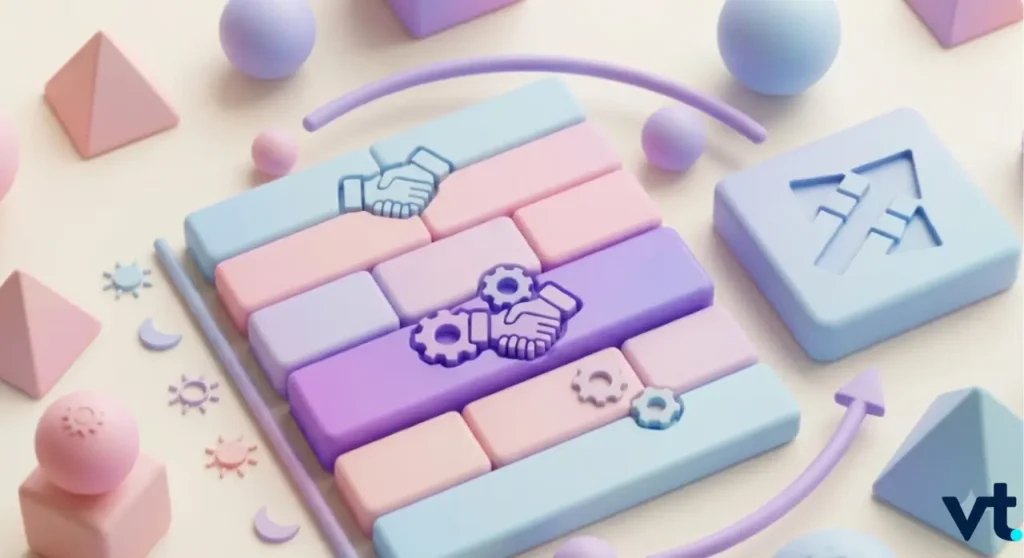 Pastel colored block keyboard with gear and handshake icons symbolizing collaboration in tech design