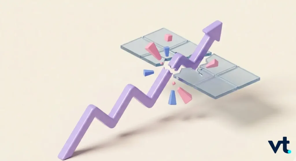 Purple zigzag arrow breaking through a tile grid symbolizing a breakout growth trajectory