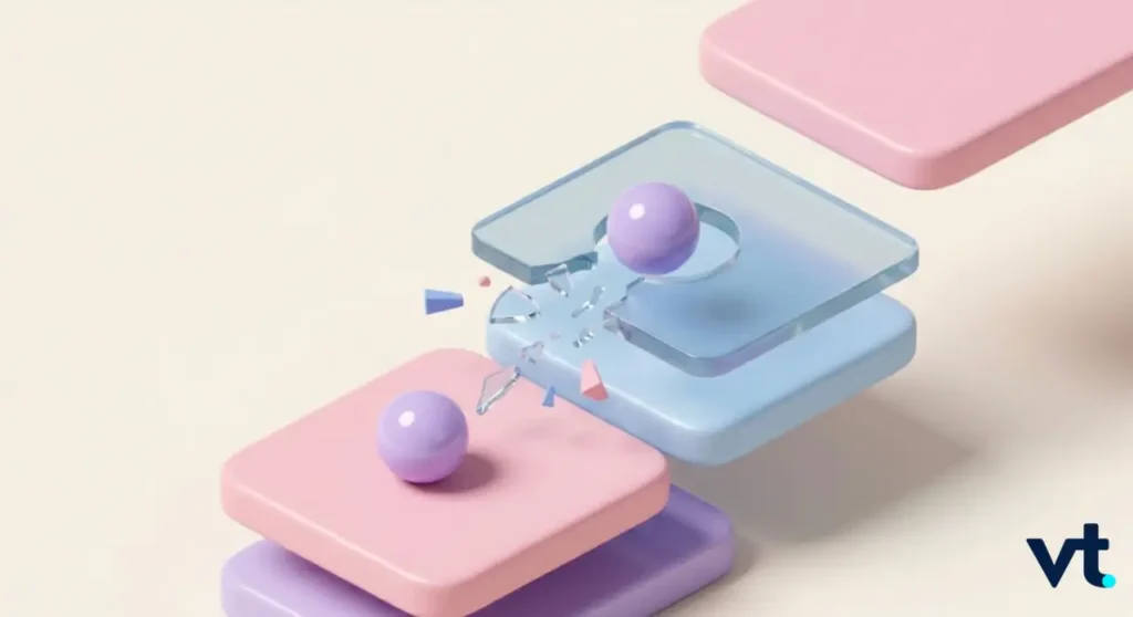 Abstract pastel 3D scene with pink and blue blocks and purple spheres shards bursting from a center area