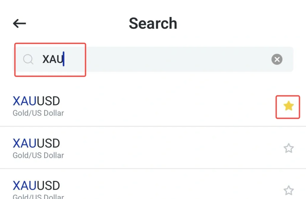 Search screen with XAU typed in the search bar back button left and star bookmark on the right