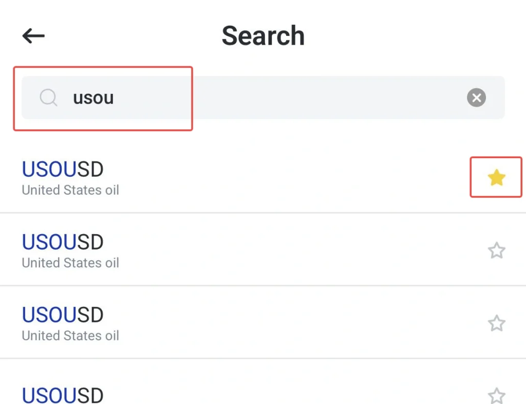 image 1 VT Markets Search screen back arrow large Search title highlighted search field containing usou and a right side clear button starred item on the right