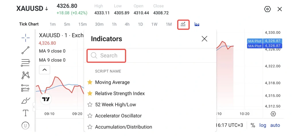Trading view chart with XAUUSD and an open Indicators panel showing a Search field and a list of indicators like Moving Average Relative Strength Index etc