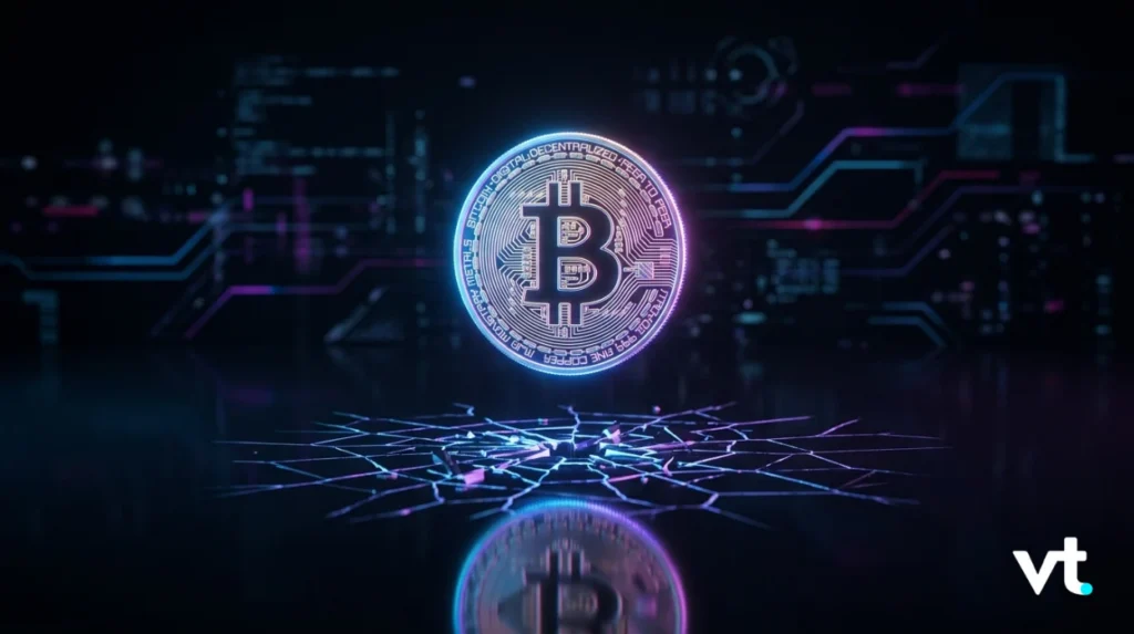 WMO24 VT Markets Glowing Bitcoin coin hovering above a neon circuit network VT logo bottom right