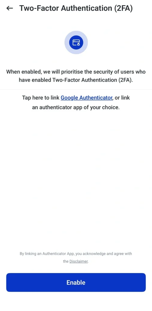 image 11 VT Markets 2FA setup screen with a circular blue app icon instruction to link Google Authenticator or another authenticator and an Enable button