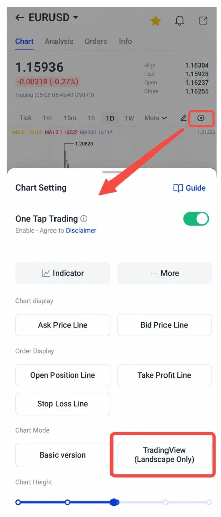 Mobile trading app chart for EURUSD 1D view price 115936 with  027 change settings open with One Tap Trading on and TradingView Landscape Only highlighted