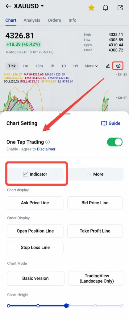 Trading app chart screen with a Chart Setting panel open the Indicator button is highlighted