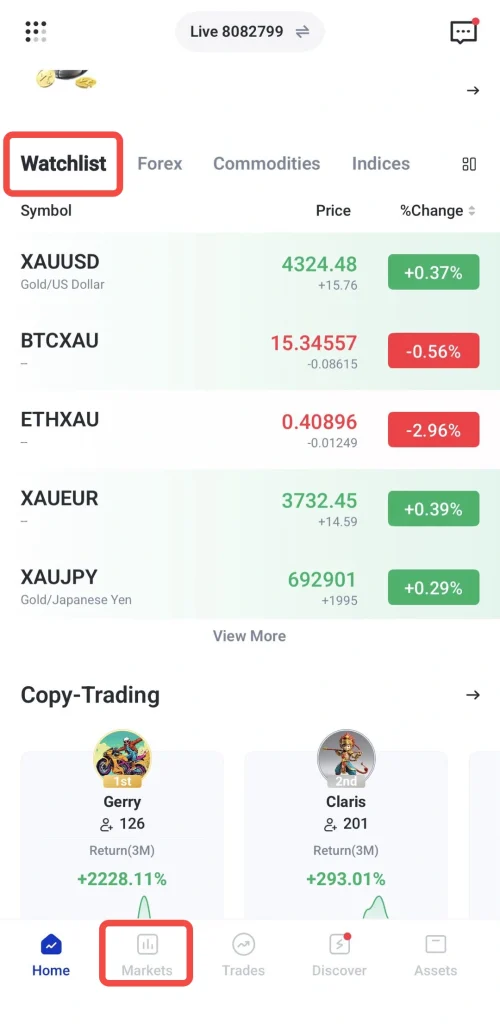 Mobile trading app screen with Markets tab active and a Watchlist showing price rows for Gold and currency pairs plus bottom navigation icons