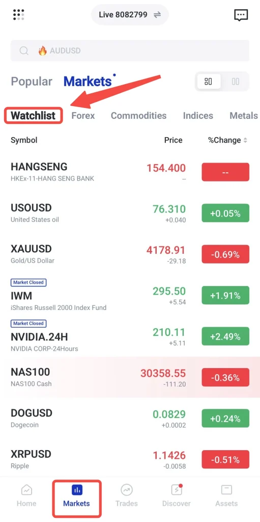 image VT Markets Markets screen with watchlist under the Markets tab bottom navigation highlights Markets in blue