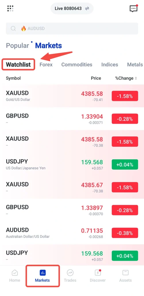 Mobile Markets screen with Watchlist highlighted and a list of instruments XAUUSD GBPUSD USDJPY showing prices and percent changes bottom navigation shows Markets selected