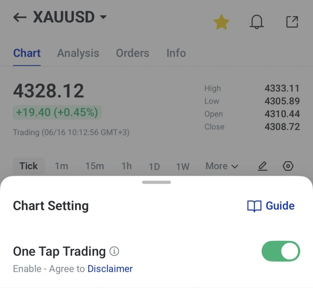 Mobile trading app chart for XAUUSD showing price 432812 with +1940 +045 and a bottom sheet titled Chart Setting with One Tap Trading toggle on