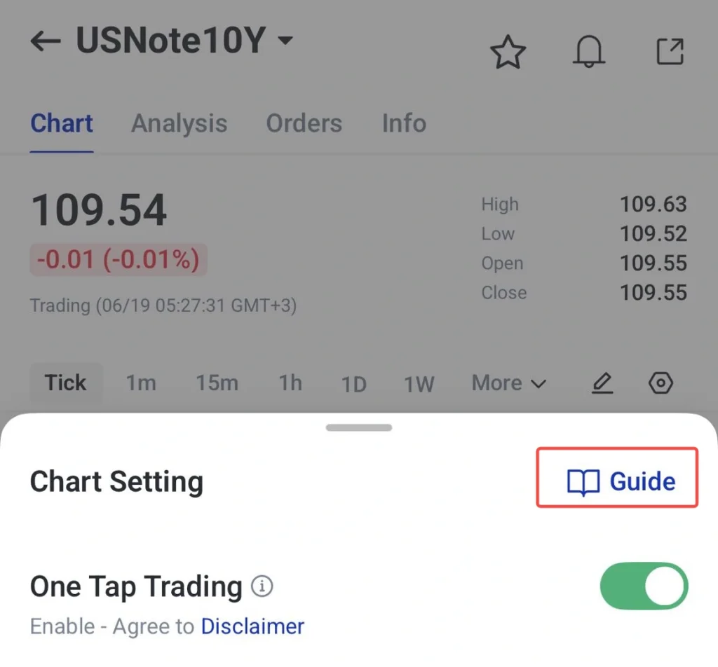 image 6 VT Markets Chart screen shows USNote10Y price 10954 with 001 change bottom sheet open titled Chart Setting with Guide button and a toggle for One Tap Trading