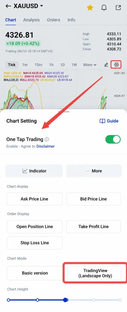 Screenshot of a mobile trading app showing the Chart Settings panel with One Tap Trading enabled and TradingView Landscape Only option visible