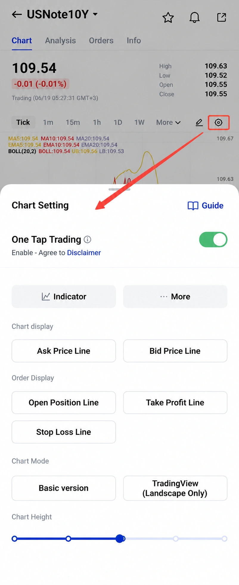 image 9 VT Markets Mobile trading app Chart with price 10954 and a Chart Settings modal open showing One Tap Trading toggle on and options below