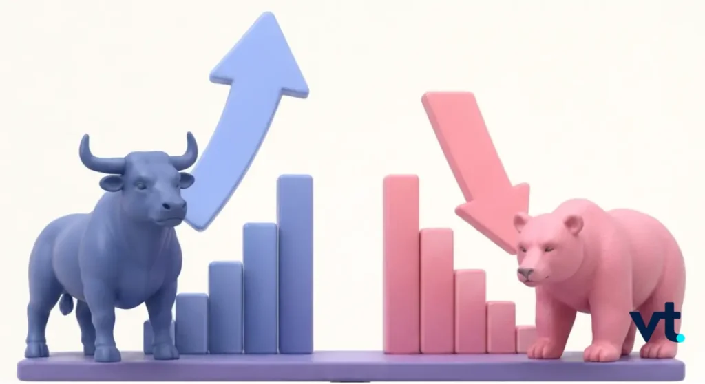 VT Markets Models a blue bull with an up arrow and rising blue bars contrasted with a pink bear and falling pink bars to illustrate a bull market vs bear market VT branding