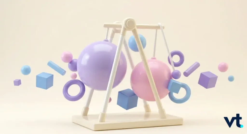 VT Markets Pastel spheres and geometric shapes orbiting a wooden balance frame conveying playful balance and design