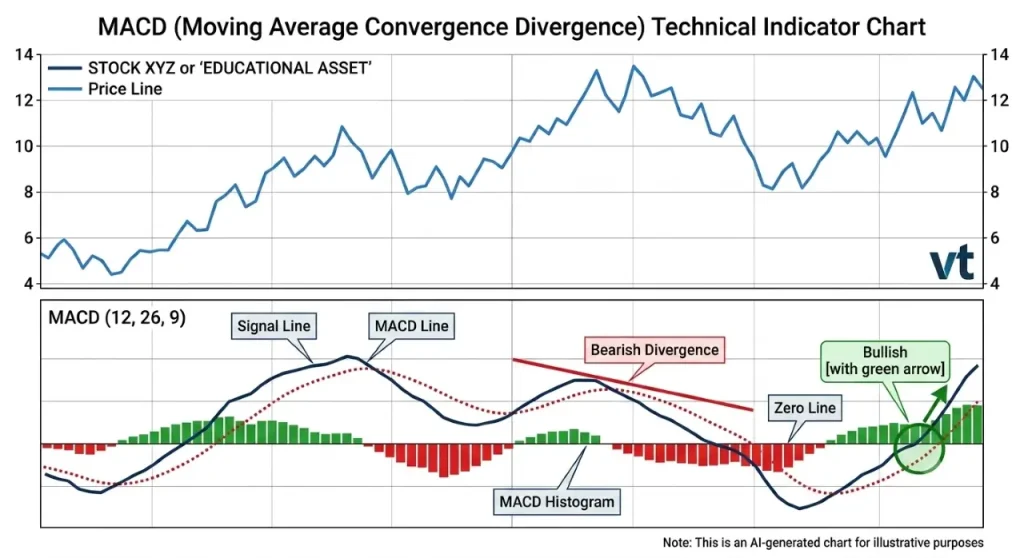 VT Markets MACD technical indicator chart with price line MACD line signal line and histogram notes show bullishbearish signals at right side