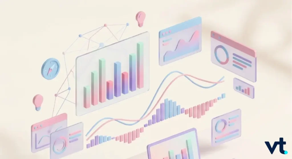 VT Markets Abstract pastel illustration of multiple floating dashboards with colorful bar charts and line graphs symbolizing data analytics