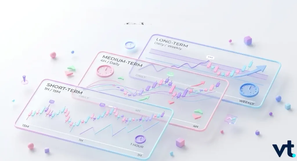 Three pastel colored panels showing short  medium  and long term financial charts with clocks and trend lines set on a pale surface with decorative shapes and a VT logo in the corner