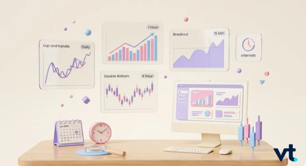 Desk setup with a computer monitor and floating analytics charts showing different data trends