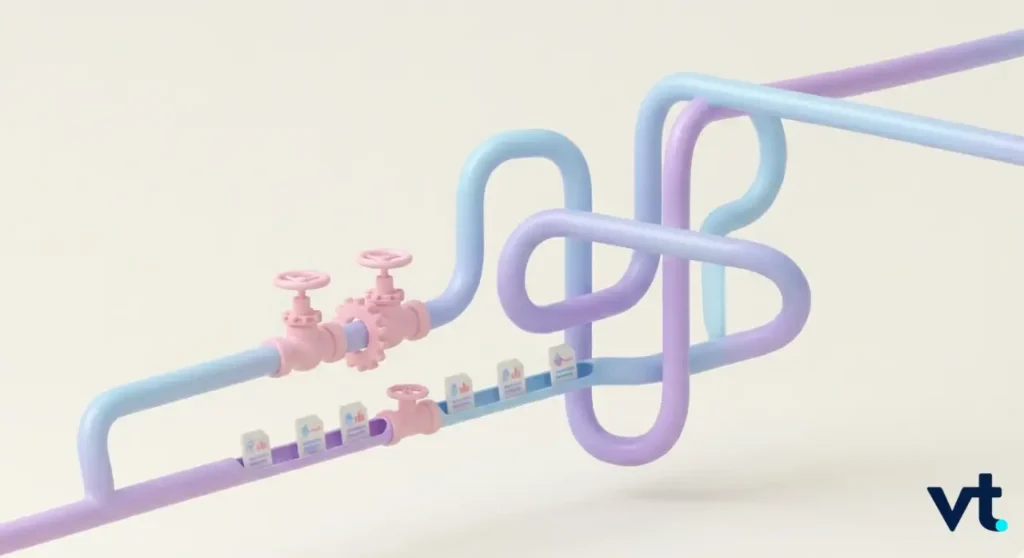 VT Markets Abstract pastel blue and purple piping with pink valves forming looping decorative tubes
