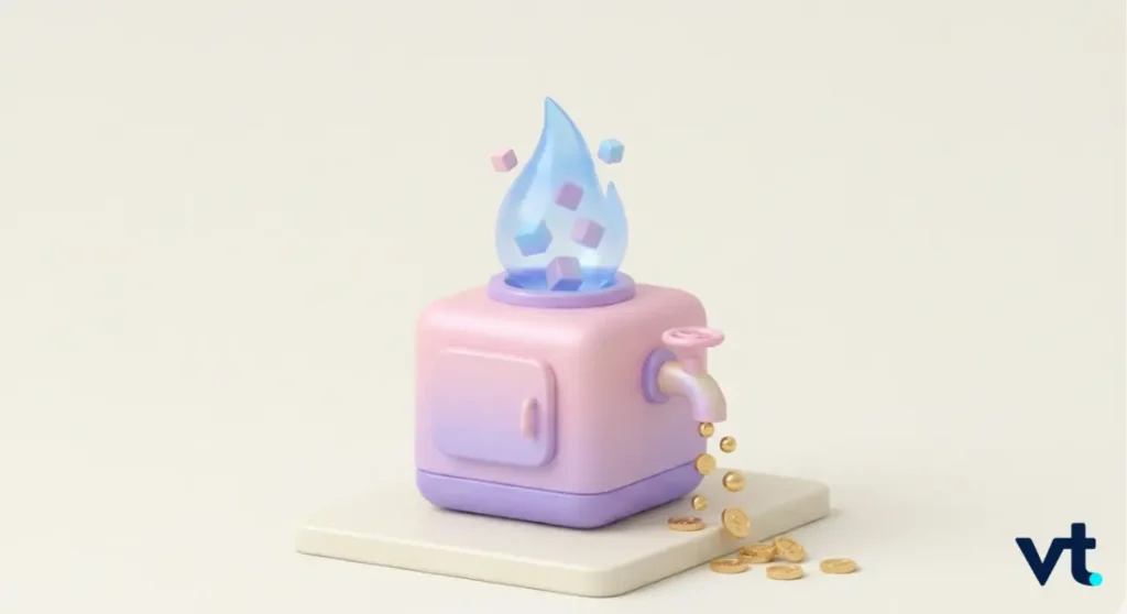 VT Markets Pastel pink and purple blocky device with a blue flame crystal on top coins pouring from a faucet onto a platform
