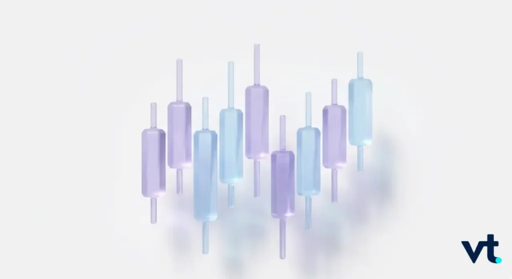 VT Markets Abstract illustration of pastel colored candlesticks representing stock market data floating with soft reflections in a light background VT logo bottom right