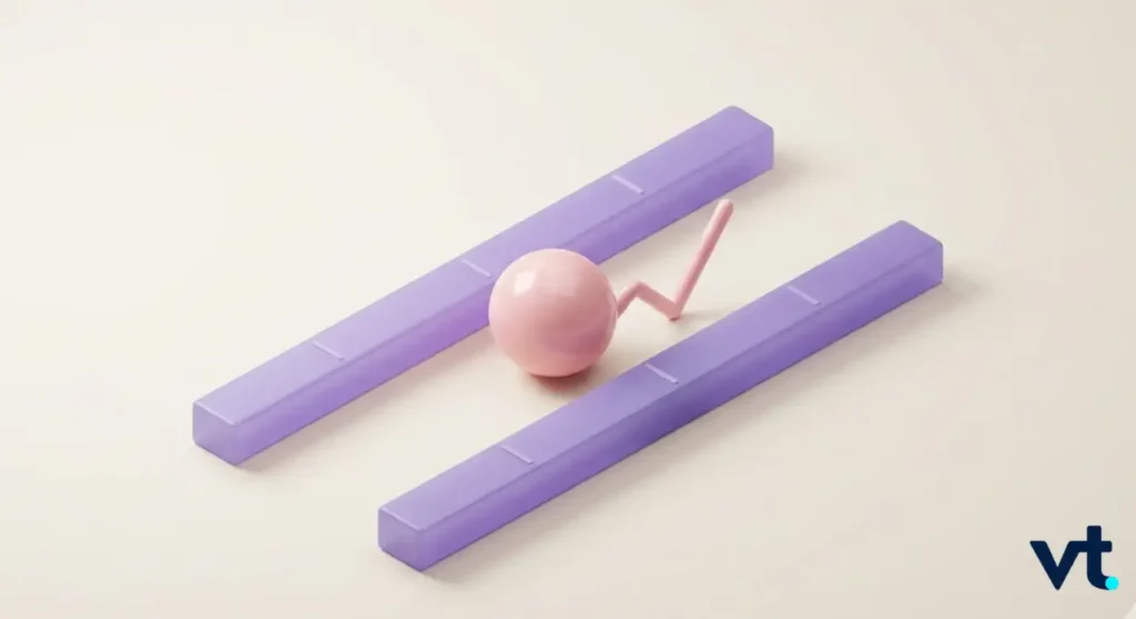 VT Markets Pink spherical object with a small bent rod jumping between two parallel purple rails on a light background likely a simple 3D animation