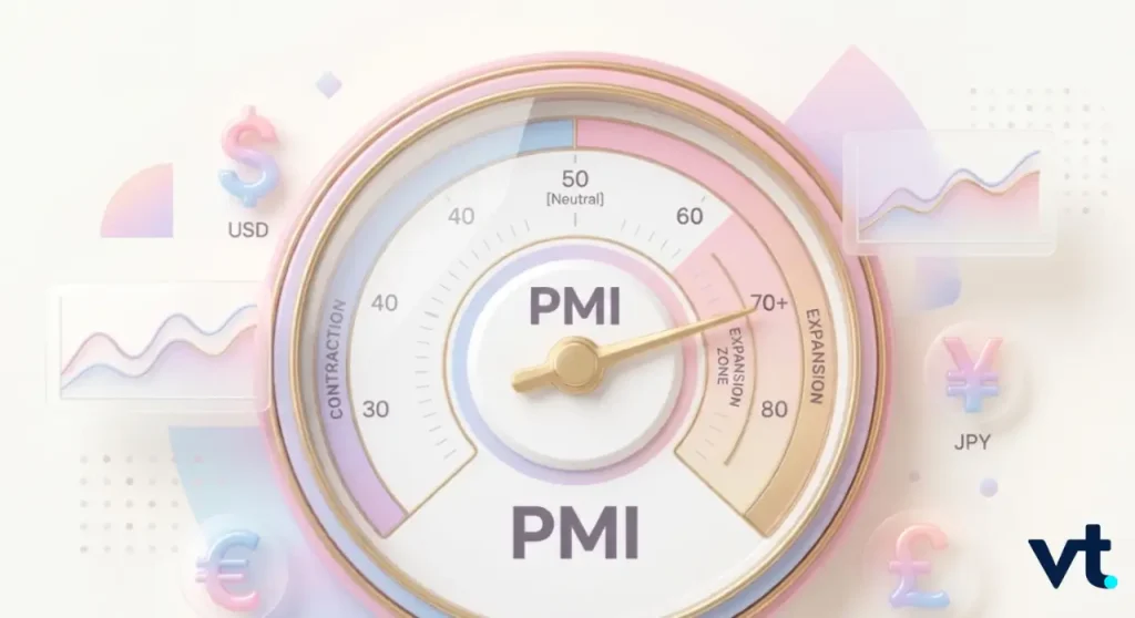 VT Markets Circular PMI gauge with contraction and expansion scales set in a pastel finance themed illustration with currency symbols USD EUR JPY in the background