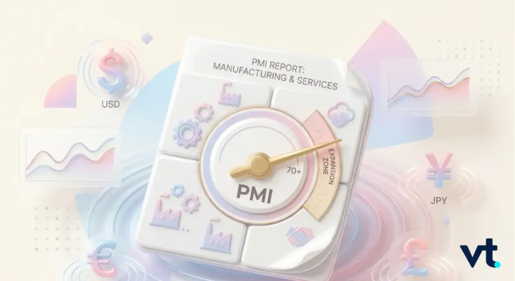 VT Markets Abstract infographic of a 3D PMI dial labeled PMI with 70+ expansion zone surrounded by currency symbols USD EUR JPY and faint charts text reads PMI Report Manufacturing Services