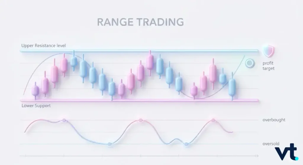 VT Markets Chart illustrating range trading with price moving between upper resistance and lower support lines plus a profit target marker