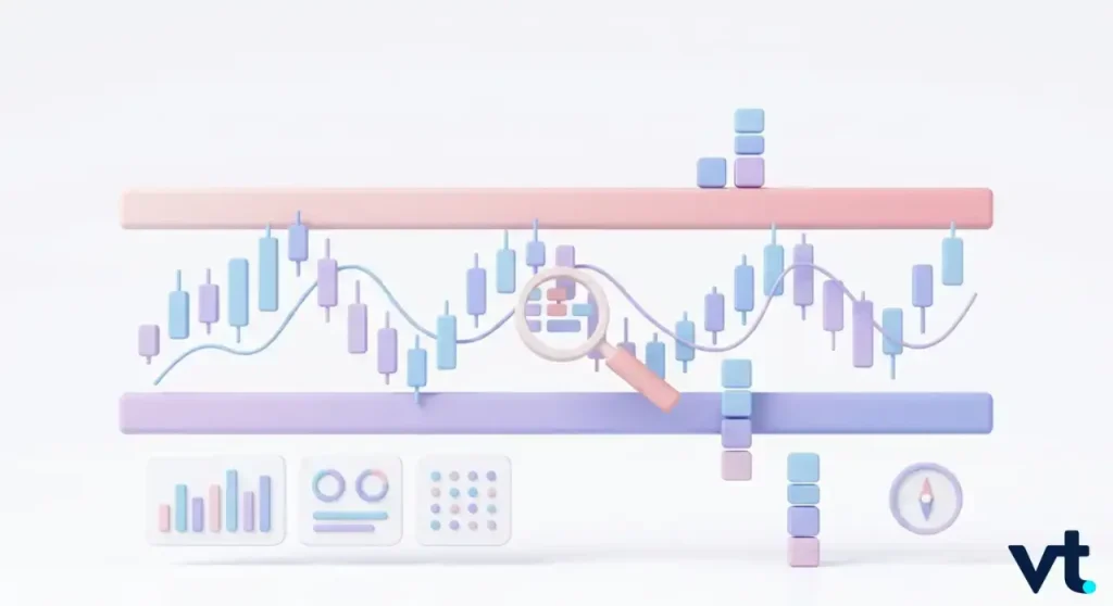 VT Markets Pastel data visualization showing candlestick charts a sine like price line and a magnifying glass zooming in on a data point with stacked blocks and control panels in soft colors