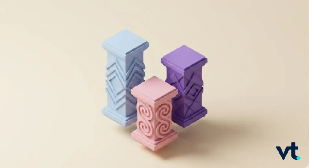 Three ornamental pedestals in pastel blue pink and purple arranged on a pale beige background with a VT logo in the corner