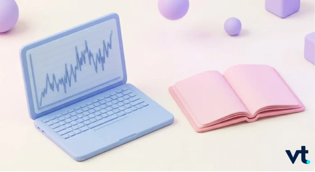 Pastel blue laptop open to a line graph next to a pink notebook on a pale surface with soft geometric shapes in the background