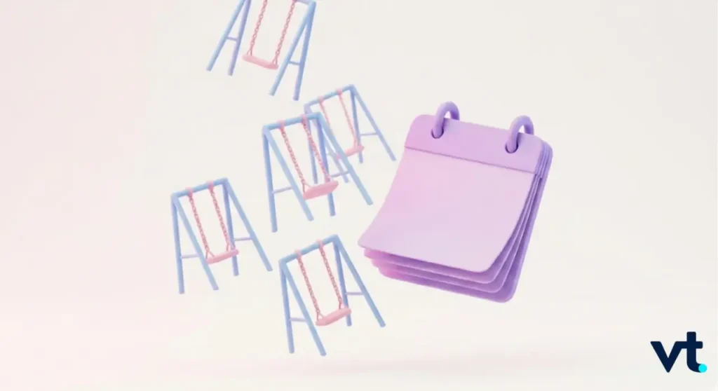 Diagonal row of pastel blue swings with a stack of purple ring bound notepads in the foreground VT logo bottom right