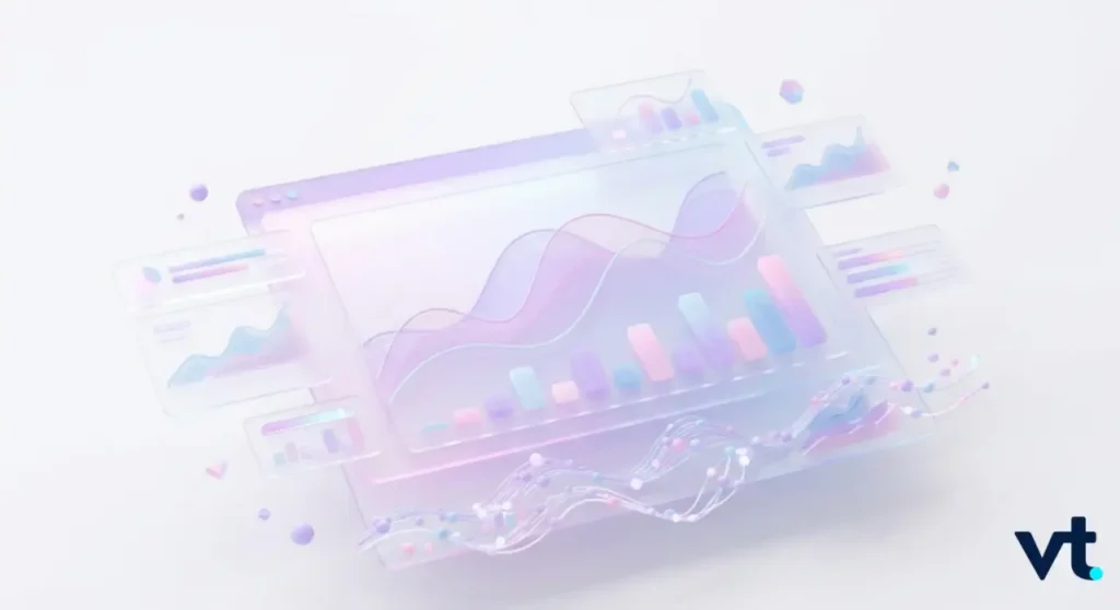 VT Markets Futuristic translucent dashboards with colorful line and bar graphs floating against a pale background vt logo bottom right