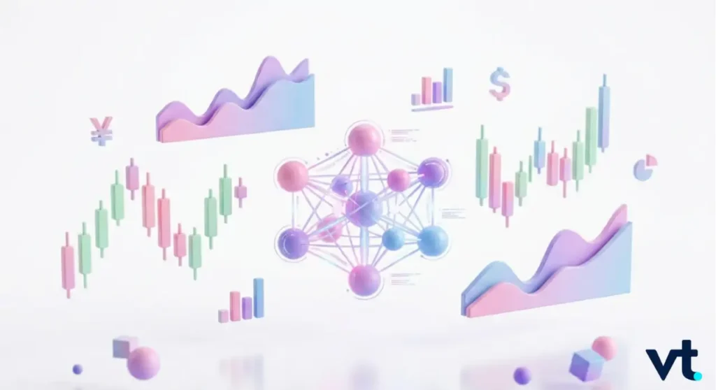 VT Markets Pastel 3D data visualization of financial analytics interconnected nodes candlestick charts and bar graphs