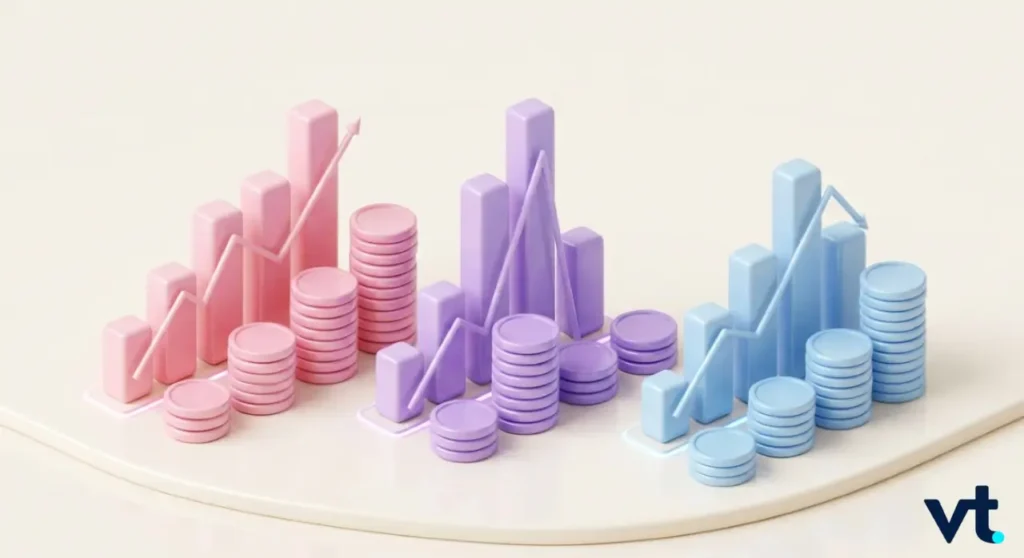 VT Markets Three pastel 3D bar charts pink purple blue with stacked circular tokens and line trends illustrating data comparison on a light surface with a vt watermark in the corner