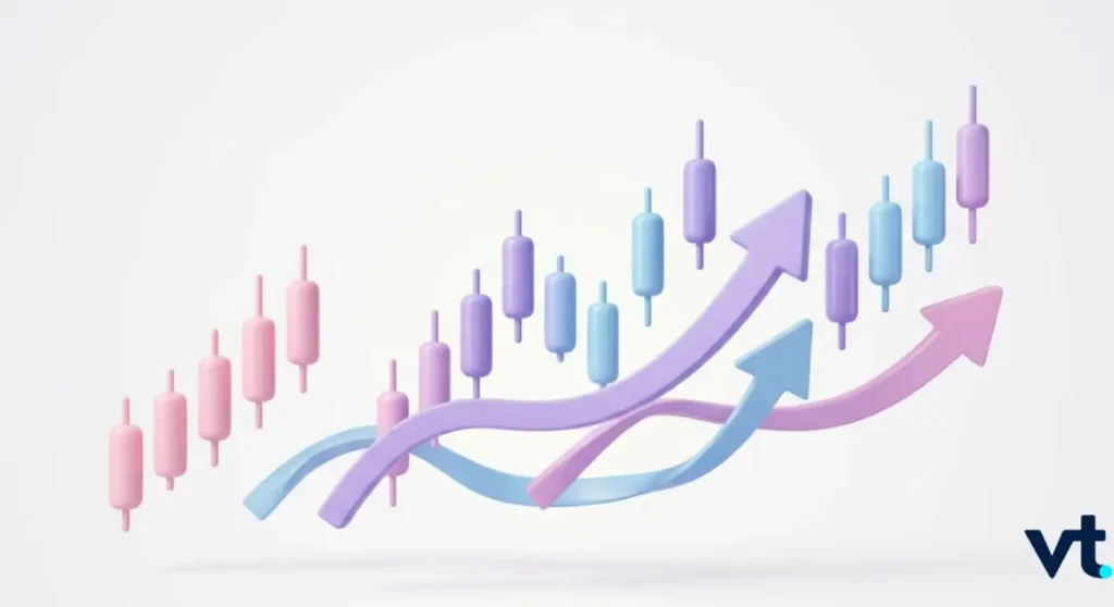 VT Markets Colorful candlestick chart with upward curving arrows suggesting rising prices or growth and a small VT logo in the corner
