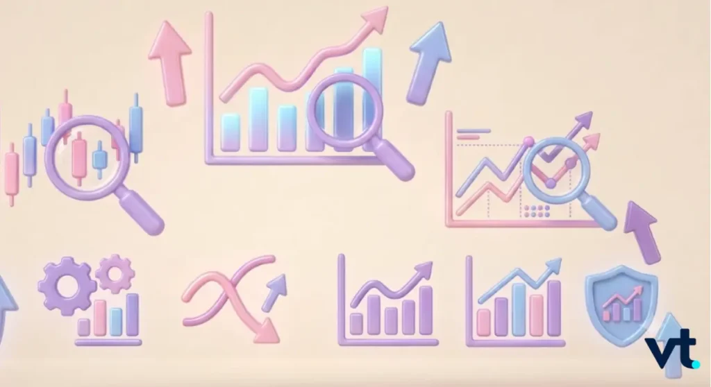 Pastel analytics icons showing charts magnifying glasses and gears to symbolize data analysis and growth vt branding in corner