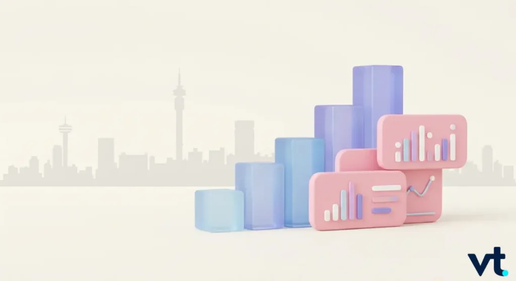 Pastel 3D bar charts on pink panels beside a pale city skyline VT logo bottom right