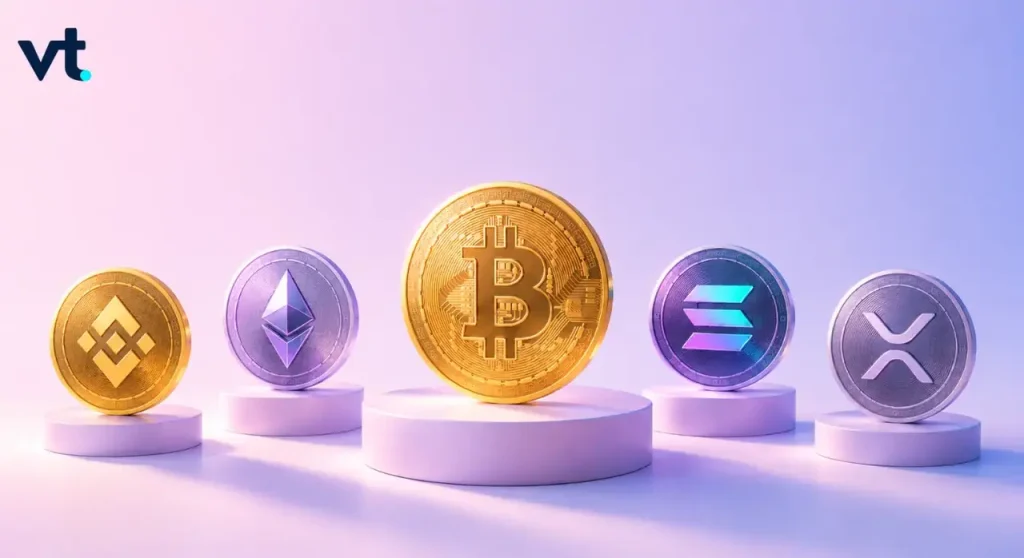 Five cryptocurrency coins on white pedestals against a pink to blue gradient Bitcoin centered