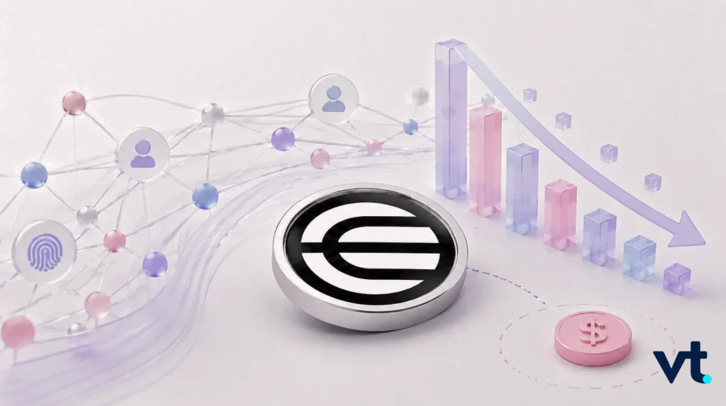 Abstract fintech illustration connected nodes a fingerprint icon a euro like coin and a downward trend chart