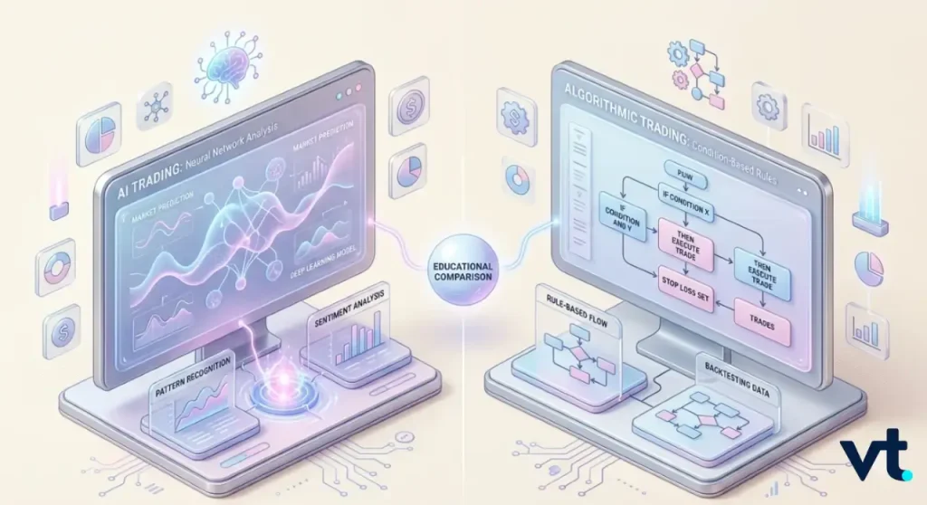 VT Markets Two futuristic laptops display AI trading dashboards a glowing Educational Comparison orb links them